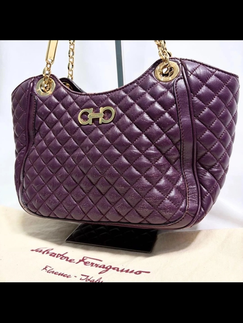 Salvatore Ferragamo Plum Quilted Leather Shoulder Bag with Gold Hardware